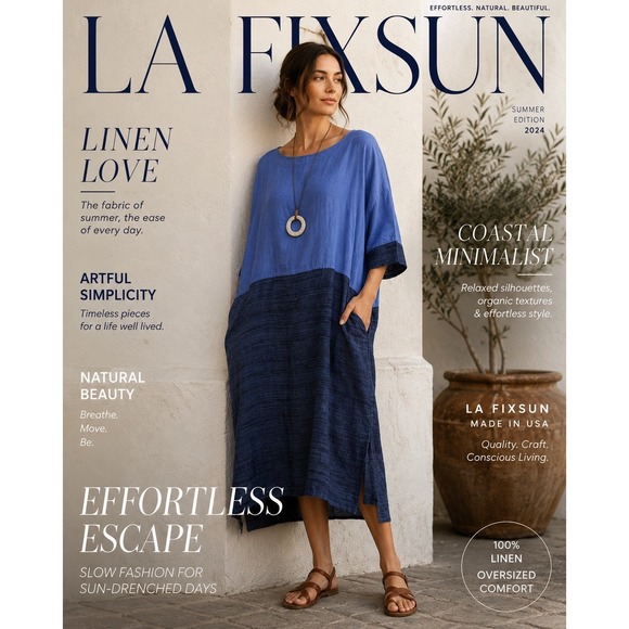 La Fixsun Dresses & Skirts - La Fixsun Blue Linen Colorblock Midi Dress Lagenlook Oversized Made in USA Large